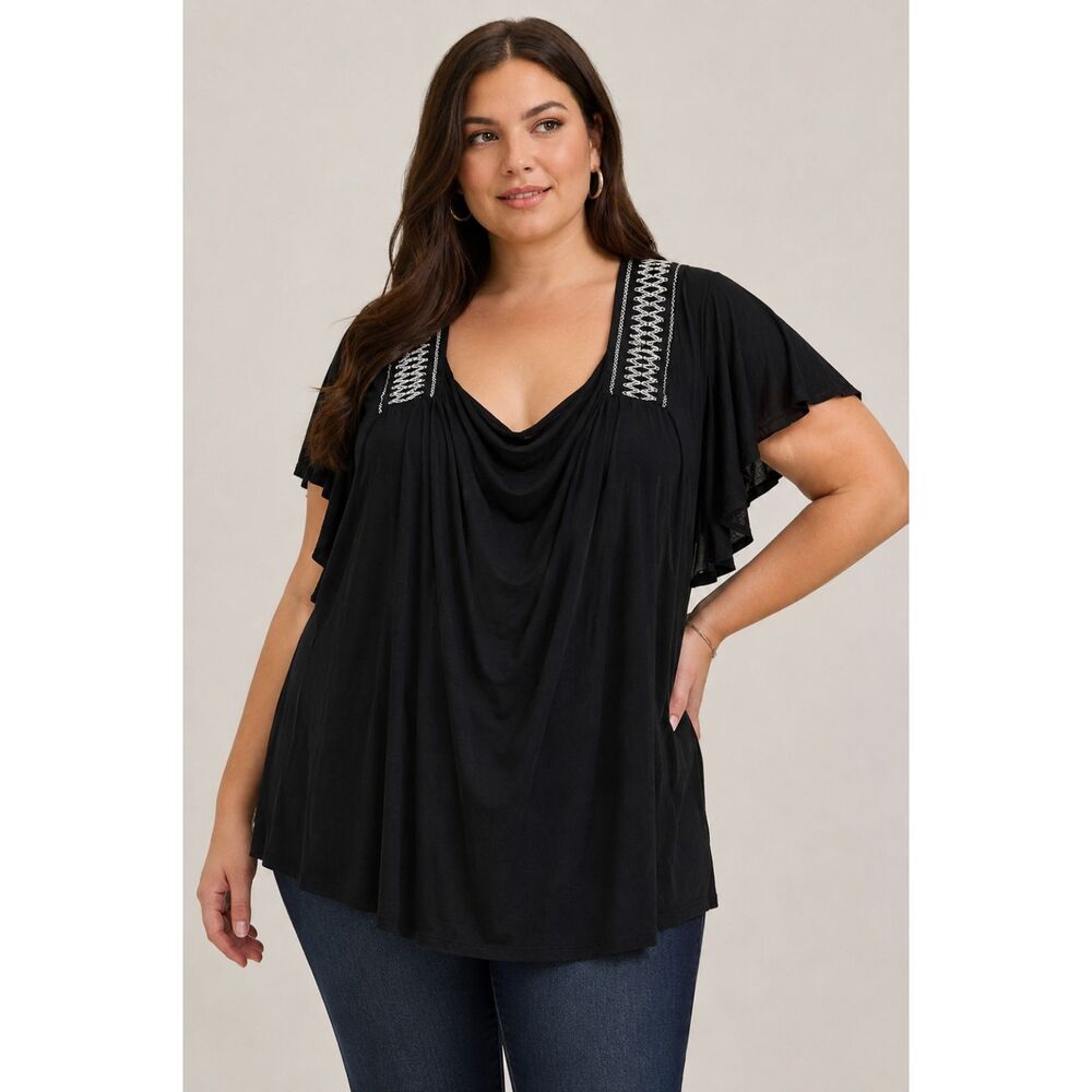 Torrid Women Black Sz 6 Flutter Sleeve Draped Scoop Neck Super Soft Knit Top H3
